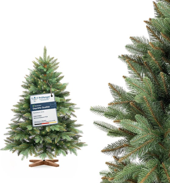 Künstlicher Fairytrees Weihnachtsbaum FT29 mit Holzständer und Prüfsiegel für geprüfte Qualität
