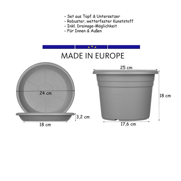 3x Blumentopf Ø 25 cm Farbe Anthrazit & Untersetzer Kunststoff Pflanztopf Containertopf Übertopf Pflanzkübel rund 25 x 18 cm Blumentöpfe
