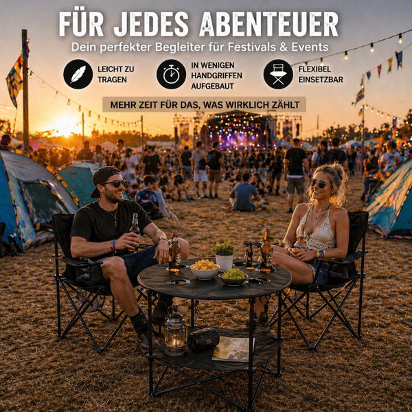 Ein Paar sitzt in klappbaren Campingstühlen an einem runden Campingtisch auf einem Festivalgelände bei Sonnenuntergang.