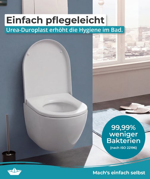 Hängendes Wand WC aus Urea Duroplast für hohe Hygiene im Bad mit 99,99 Prozent weniger Bakterien gemäß ISO 22196 Norm