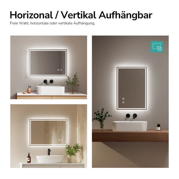 LED-Badezimmerspiegel, horizontal oder vertikal montierbar, mit integrierter Beleuchtung über Waschbecken in modernem Badezimmer-Ambiente.