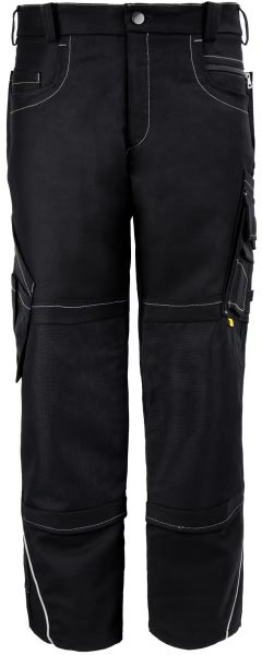 Schwarze Arbeitshose mit kontrastierenden weißen Nähten, Kniepolstertaschen und mehreren praktischen Taschen für Werkzeuge.
