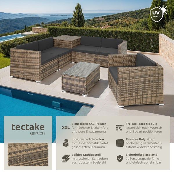 Rattan Lounge tectake Pisa inklusive großer Aufbewahrungsbox für 5 Personen natur