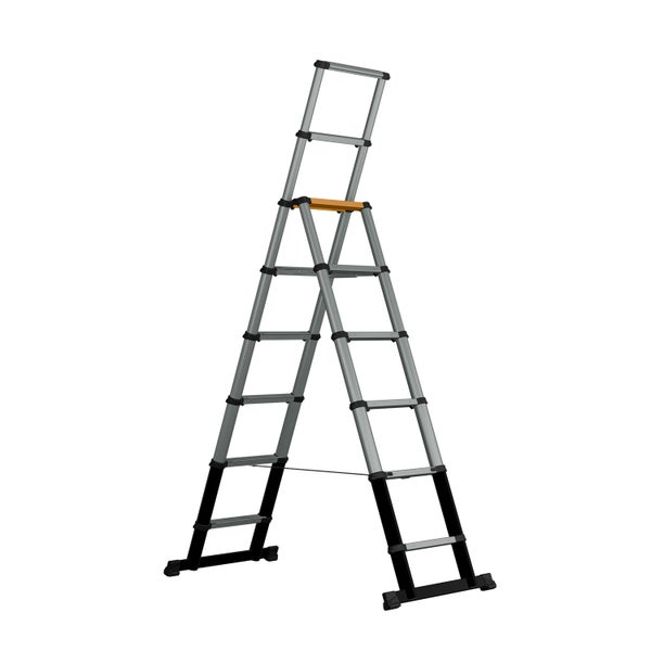Teleskop-Vielzweckleiter aus Aluminium mit Standverbreiterung und integrierter Plattform für sicheren Halt.