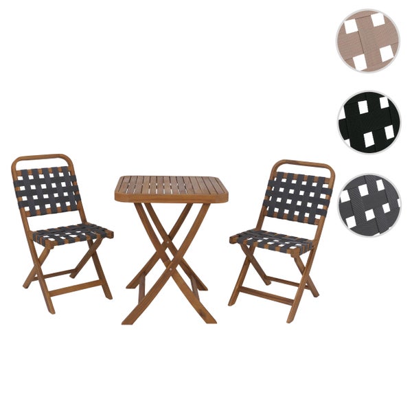 Dreiteiliges Balkonset bestehend aus einem quadratischen Klapptisch aus Holz und zwei Klappstühlen mit Sitzflächen aus gewebten Gurten.