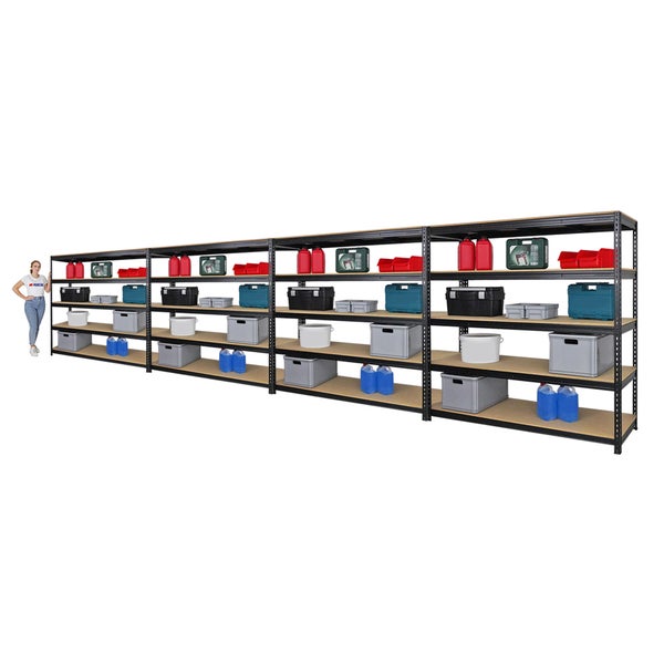 PROREGAL Mega Deal 4x Profi Schwerlastregal Bison HxBxT 200 x 200 x 60 cm 5 Fachböden Fachlast 600 kg Schwarz