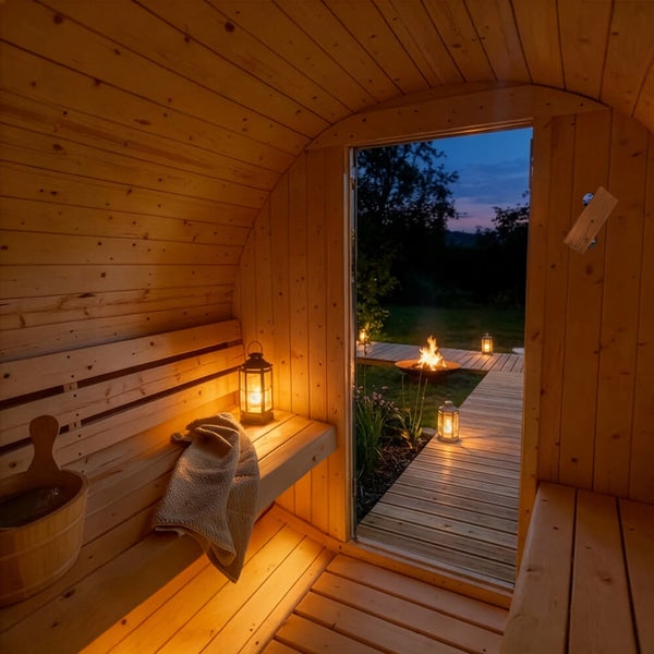 Blick aus einer Fasssauna aus Holz in einen Garten bei Dämmerung mit Holzsteg und Feuerschale.