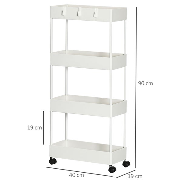 HOMCOM Rollwagen, Küchenwagen mit 4 Ebenen, Aufbewahrungsregal mit Rollen, Servierwagen mit Bremsen, Küchenregal für Schlafzimmer, Küche, Wohnzimmer, Kunststoff, Weiß, 40 x 19 x 90 cm