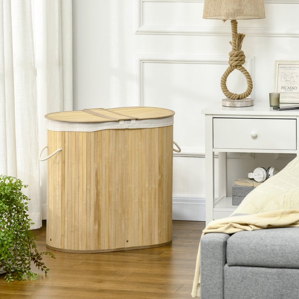 HOMCOM Bambus Wäschekorb mit Deckel 100L Wäschesammler mit Griffen, 2 herausnehmbarer Wäschesack, Wäschesortierer Wäschebox für Waschküche, Badezimmer, Schlafzimmer, Naturholz