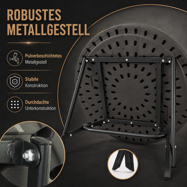 Detailansicht der Unterkonstruktion eines runden Tisches mit pulverbeschichtetem Metallgestell und stabiler Bauweise.