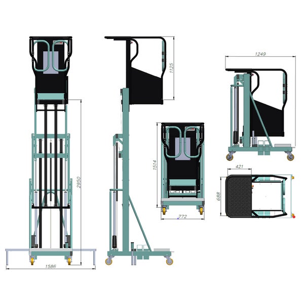 Technische Zeichnung einer mobilen Hebeplattform mit Maßangaben in Millimeter in Vorder-, Seiten- und Draufsicht im aus- und eingefahrenen Zustand.