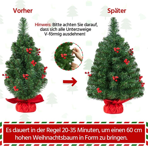 Vorher und nachher Darstellung eines kleinen, künstlichen Weihnachtsbaumes mit roten Beeren und rotem Sackleinenfuß