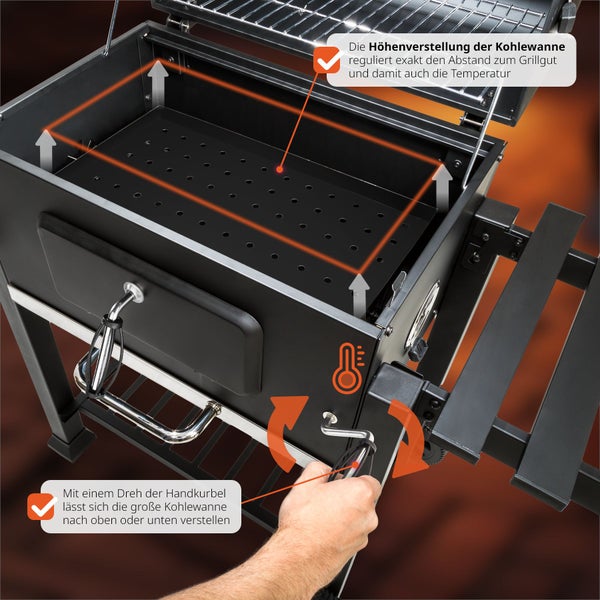 Holzkohlegrill tectake Florian 115 x 65 x 107 cm mit 2 Rädern schwarz