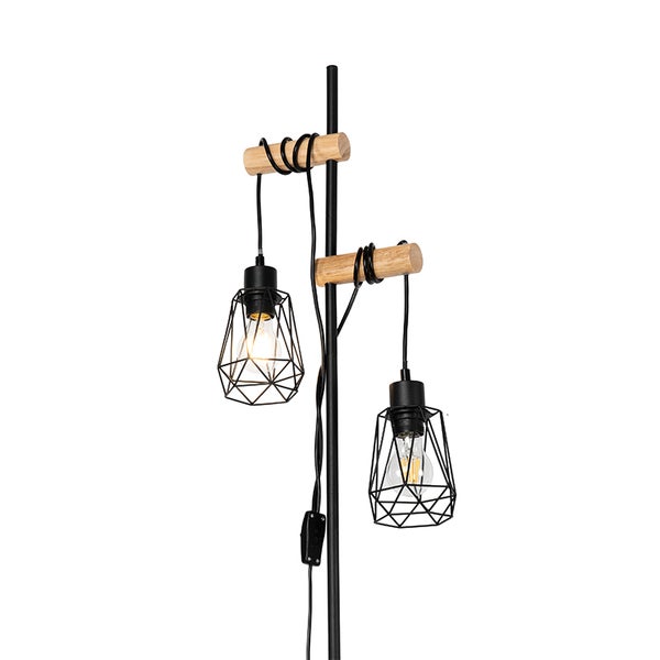 Stehleuchte mit zwei geometrischen Lampenschirmen und Holzelementen