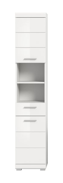 Hoher weißer Badschrank in Hochglanz-Optik mit offenen Regalfächern und Schubladen.