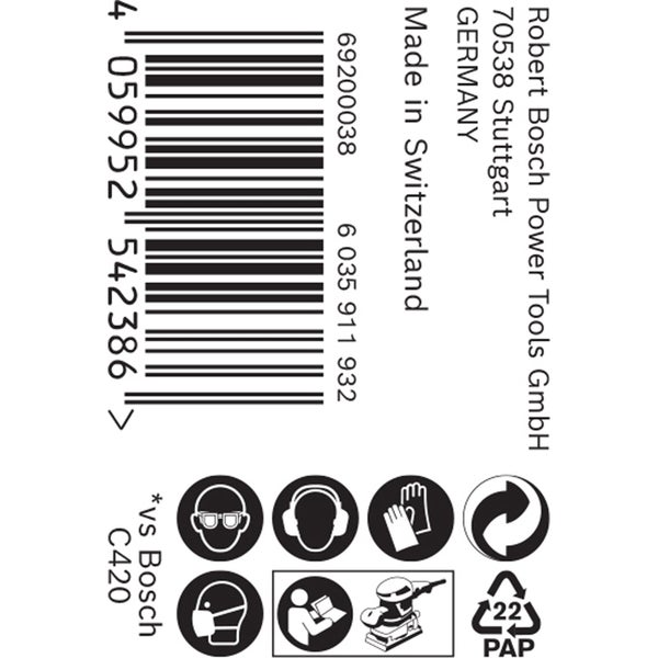 Robert Bosch Power Tools GmbH Logo, Barcode, Hergestellt in Deutschland und der Schweiz, Augenschutz tragen, Gehörschutz tragen, Handschuhe tragen, Recyceln, Atemschutz tragen, Bedienungsanleitung beachten, Papierverpackung