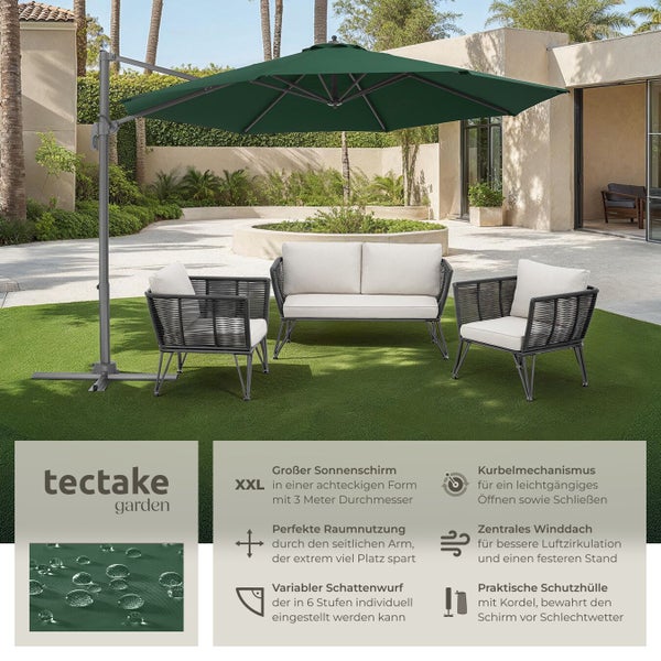 Gartenszene mit einem großen, achteckigen Sonnenschirm, einer Loungegruppe und dem Tectake Garden Logo.