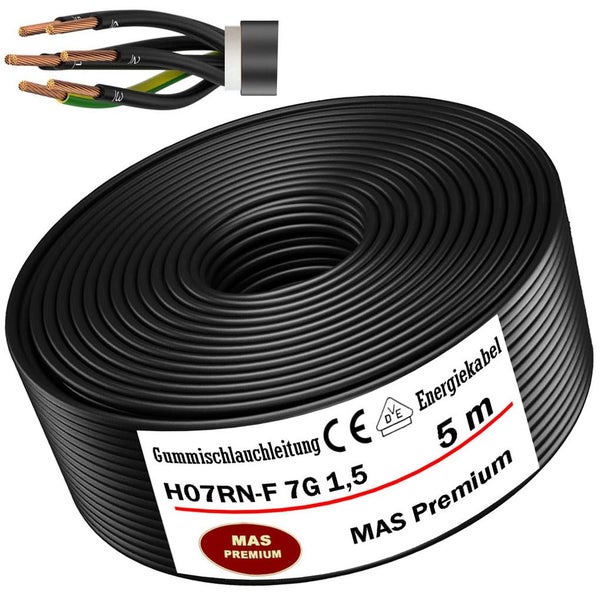 Gummischlauchleitung H07RN-F 7G 1,5 Quadratmillimeter, 5 Meter, MAS Premium Logo, mit europäischer Konformität und VDE-Prüfzeichen.