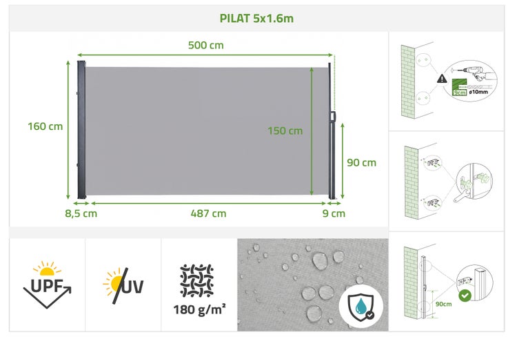 Seitenmarkise PILAT 5 mal 1,6 Meter mit Maßen, Montagehinweisen, UV-Schutz, Stoffgewicht 180 Gramm pro Quadratmeter und wasserabweisend.