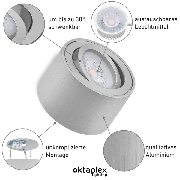 Aufbauspot Lile Aluminium gebürstet 6 Stück inklusive LED Modul 4,8W 4000K Neutralweiß Aufputz Aufbauleuchte und Schwenkbar