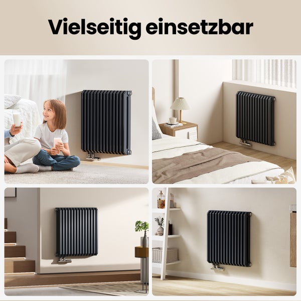 EMKE Designheizkörper 594 x 600 mm, 969 W, Wasserführend, D-Form Heizrohre, Seitenanschluss, Badheizkörper Wandmontage, Röhrenheizkörper für Bad & WC, Anthrazit