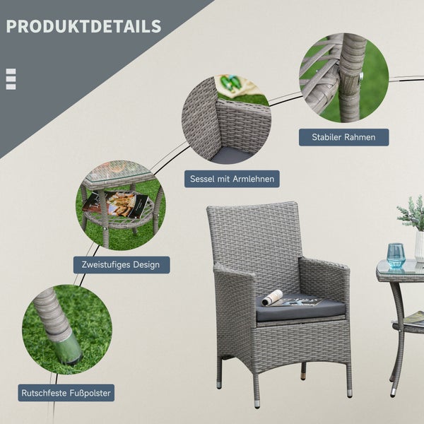 Outsunny 3-tlg. Gartenmöbel-Set, B60 x T58,5 x H89,5 cm, Metall, PE-Rattan, Polyester, Schaumstoff, grau