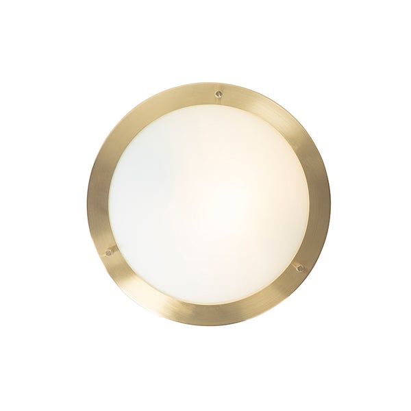 Runde Deckenleuchte mit gebürstetem Metallrahmen und weißem mattiertem Glasdiffusor.