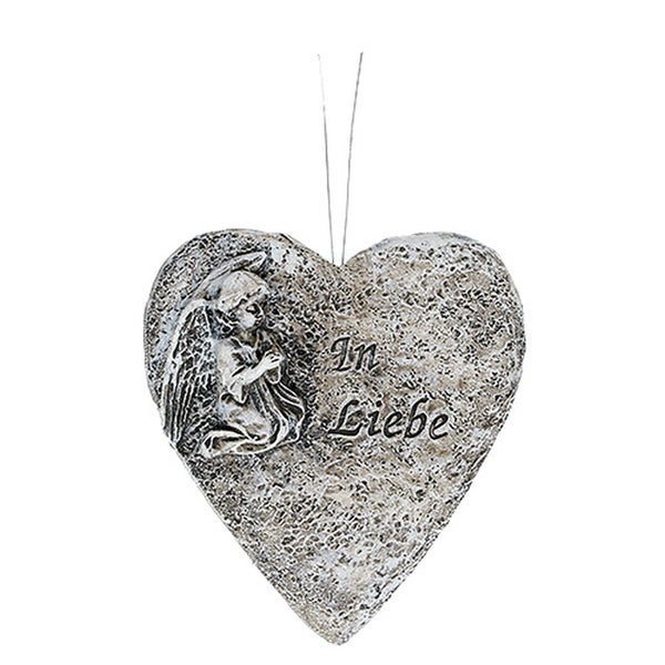 Herzförmiger Grabschmuck mit Engel und der Inschrift 'In Liebe'