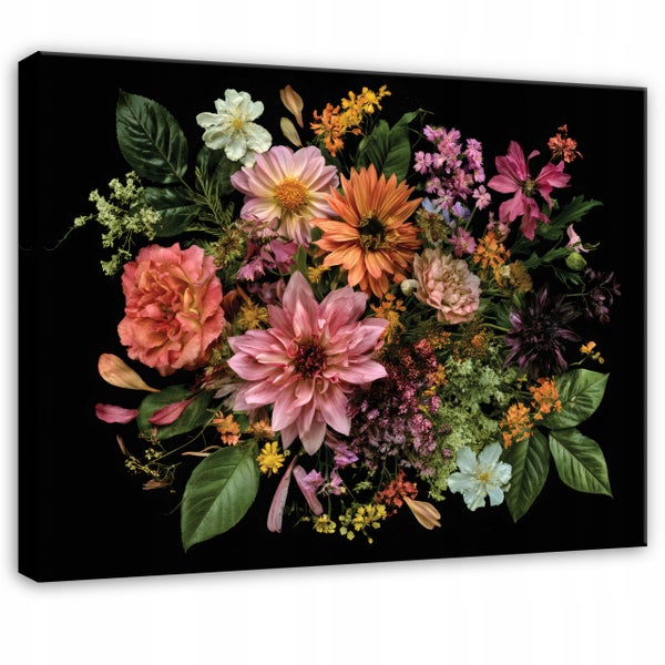 Wandbild als Leinwanddruck mit einem Blumenbouquet aus verschiedenen Blumenarten und grünen Blättern vor einem dunklen Hintergrund