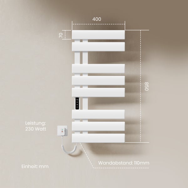EMKE Elektrischer WLAN-Handtuchwärmer, 850×400 mm, 230W, Smart Touch & App-Steuerung, IPX5, Linksanschluss, flache Rohre, Weiß