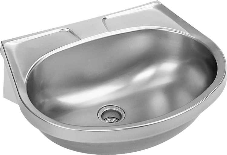 Wand-Waschbecken aus Edelstahl mit ovalem Becken und integrierten Ablageflächen.
