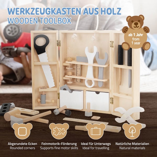 Joyz Werkzeugkasten für Kinder mit 8 Werkzeugen, Multifunktions-Werkzeugkoffer, Montessori Spielzeug ab 1 Jahr, Pädagogische Holzspielzeug, Kinderwerkzeug Set Werkzeugkiste Holzwerkzeug Geschenk