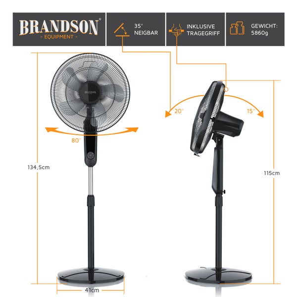 Brandson Standventilator 60W mit Timer, Luftkühler 80 Grad osziellierend, Ventilator höhenverstellbar, Kopf um 35 Grad neigbar, 3 Geschwindigkeiten