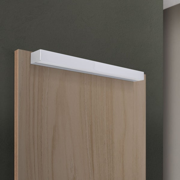 Moderne LED Aufbauleuchte für Spiegelschränke in geradlinigem Design montiert auf einer Holzoberfläche.