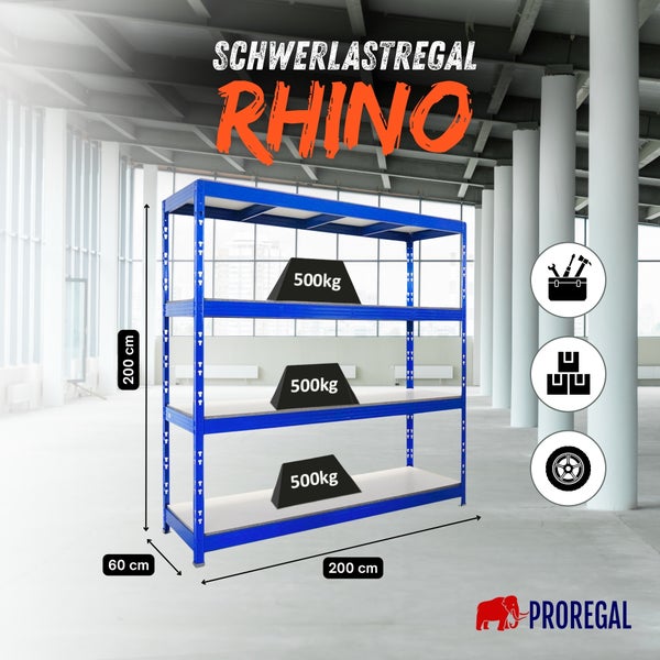 Schwerlastregal Rhino von Proregal, vier Böden, Tragkraft 500 Kilogramm pro Boden, Maße 200 mal 200 mal 60 Zentimeter. Proregal Logo.