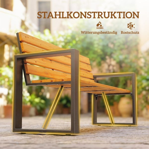 Gartenbank mit Stahlkonstruktion und Holzlatten, witterungsbeständig und mit Rostschutz.