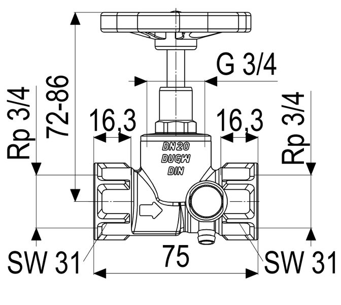 Technische Zeichnung Ventil DN 20, Länge 75 Millimeter, Höhe 72 bis 86 Millimeter, Gewinde Rp 3/4 und G 3/4 Zoll, Schlüsselweite 31.