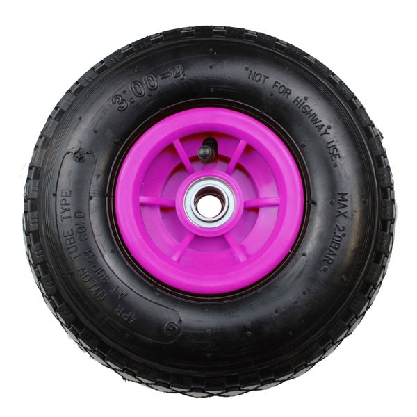 Rad mit pinkfarbener Felge, Reifengröße 3.00-4, nicht für den Einsatz auf Autobahnen geeignet.