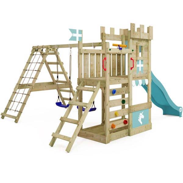 WICKEY Spielturm Ritterburg DragonFlyer mit Schaukel und Rutsche, Spielhaus mit Sandkasten, Kletterleiter und Spiel-Zubehör – pastellblau