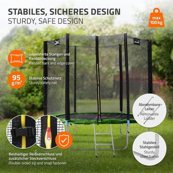 Hauki Trampolin Outdoor, Ø183 cm, Grün, GS geprüft, Rundes Gartentrampolin für Kinder bis 100 kg, Komplettset mit Sicherheitsnetz, Leiter, Randabdeckung, Gepolsterte Stangen, Stabile Kindertrampolin