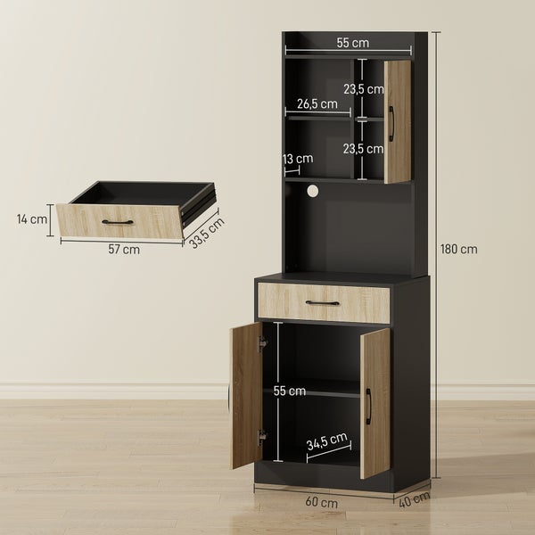 Küchenschrank in Anthrazit mit Holzoptik-Fronten und Maßangaben. Höhe 180 Zentimeter, Breite 60 Zentimeter, Tiefe 40 Zentimeter.