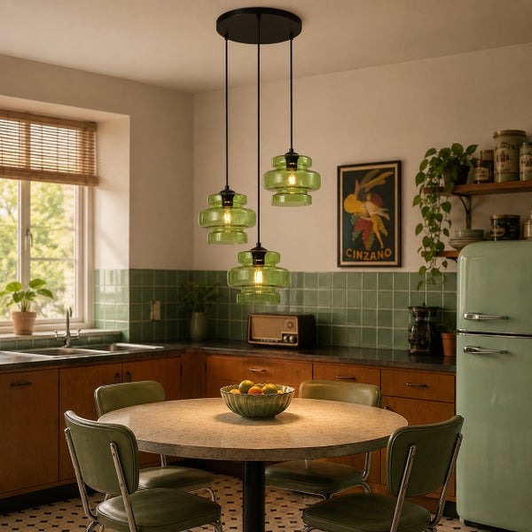 Dreiflammige Pendelleuchte mit Glasschirmen über einem runden Esstisch in einer Küche im Retro Stil mit Holzschränken und grünen Fliesen.