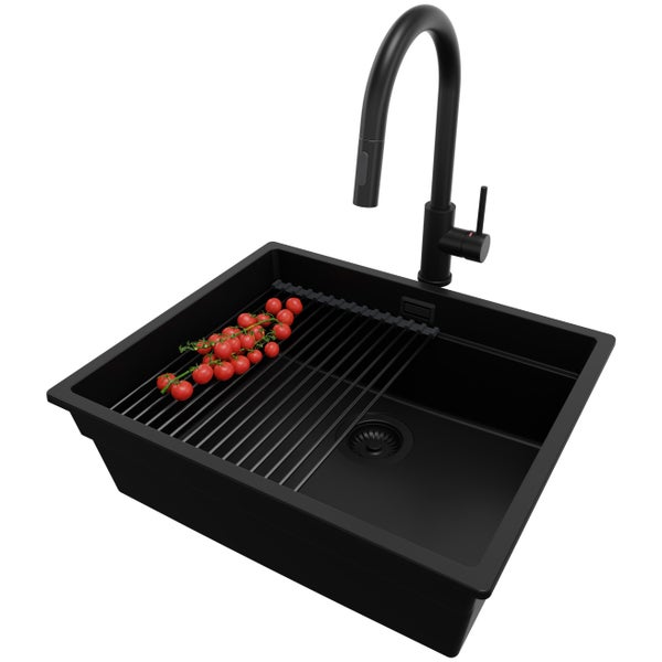 PRIMAGRAN Granitspüle Alles Schwarz 56x47cm, Spülbecken 1 Becken + Küchenarmatur 40x20cm + Ablauf-Set + Aufrollbare Abtropffläche, Küchenspüle ab 60er Unterschrank - Praga Slim