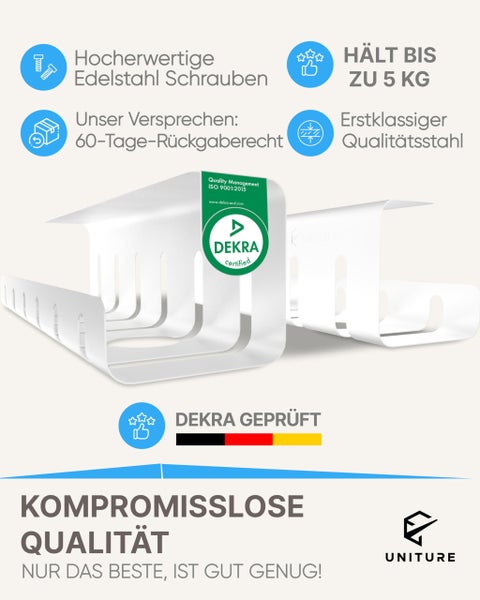 UNITURE Kabelkanal aus weißem Stahl, belastbar bis 5 Kilogramm, inklusive Edelstahlschrauben, DEKRA zertifiziert, 60 Tage Rückgaberecht.