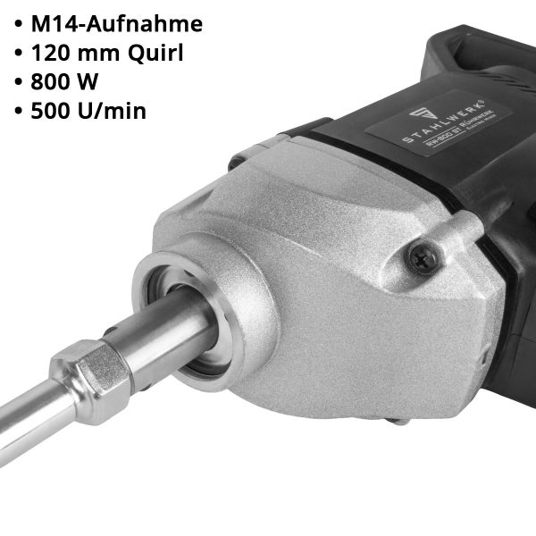 Detailaufnahme eines elektrischen Rührwerks mit M14 Aufnahme und 120 Millimeter Quirl von Stahlwerk.