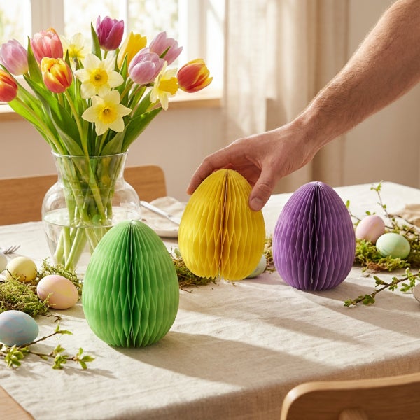 Hand platziert ein Wabenpapier-Osterei auf einem mit Frühlingsblumen und weiteren Ostereiern dekorierten Tisch.