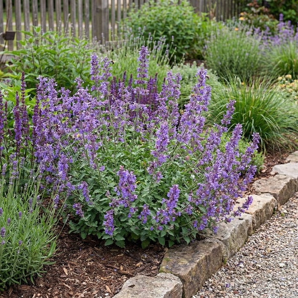 Lila blühende Katzenminze in einer Gartenrabatte mit Natursteinbegrenzung neben Lavendel und Ziergräsern.