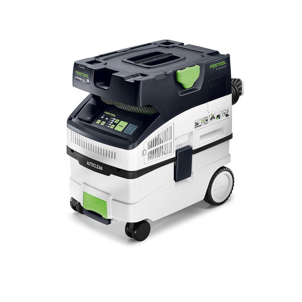 Festool Absaugmobil CTM MIDI I AC mit Autoclean Funktion und digitalem Bedienfeld auf Rollen.