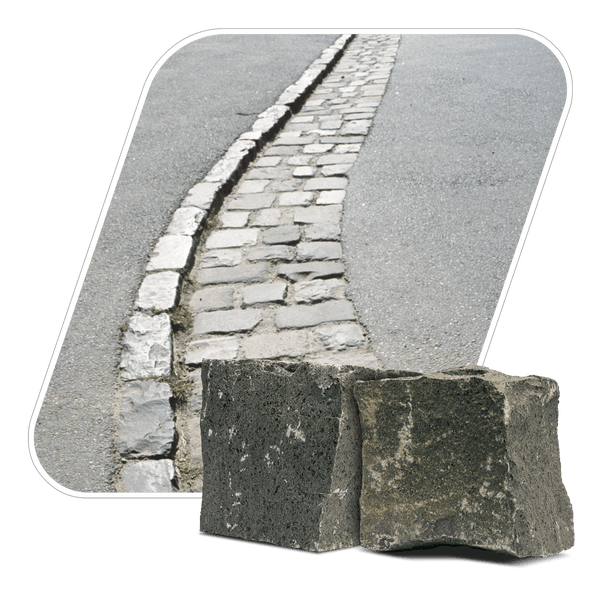 Basalt-Pflastersteine aus Naturstein für Wege und Auffahrten, dargestellt als einzelne Blöcke und als verlegter Weg.