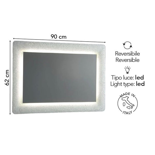 LED-Badezimmerspiegel, 90 Zentimeter mal 62 Zentimeter, reversibel montierbar, LED-Beleuchtung, Hergestellt in Italien.